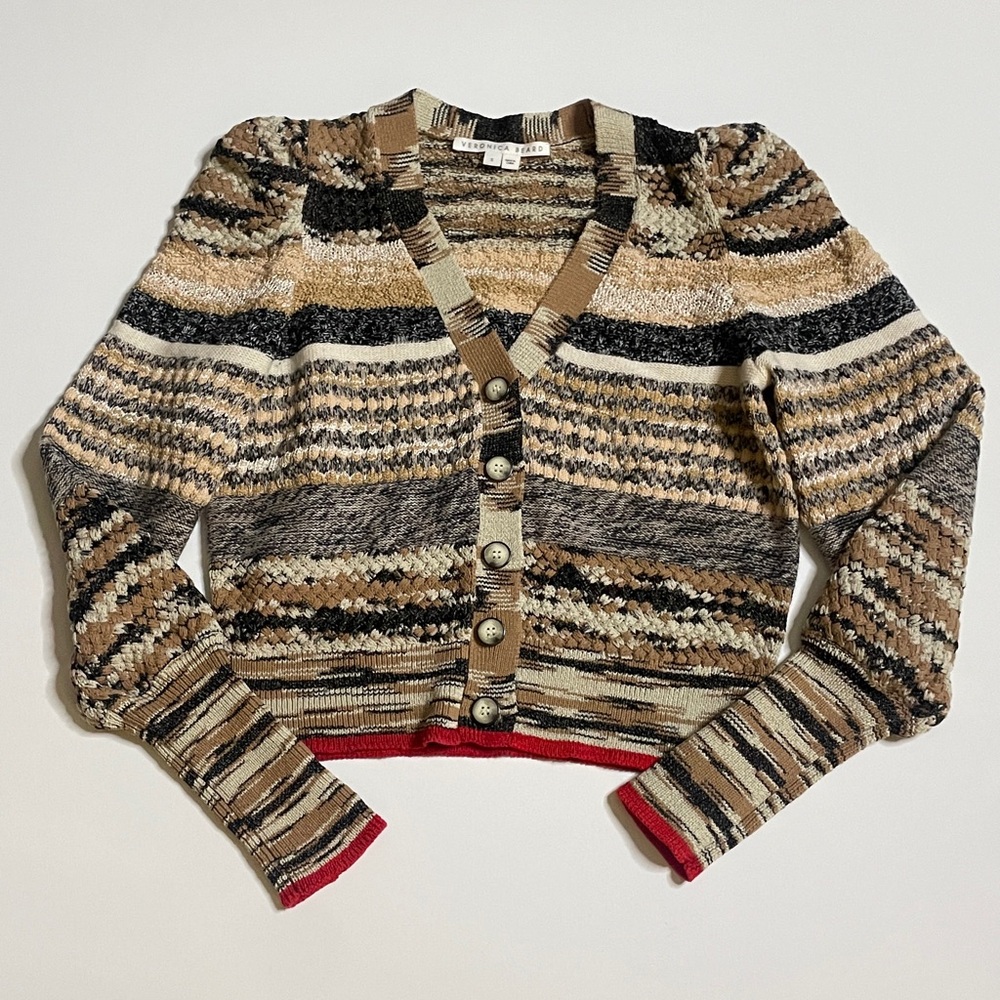 Veronica Beard. Cecily. Mixed-Knit. Cardigan. Small.  Red. Camel. Black.